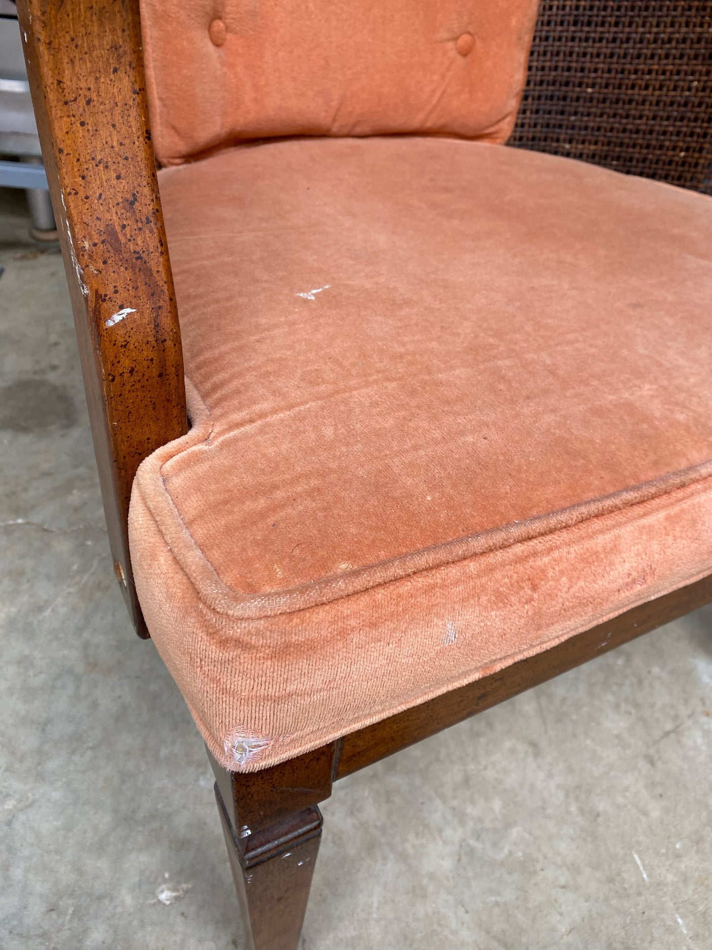 Vintage Dusty Rose Upholstered Cane Back Barrel Chair