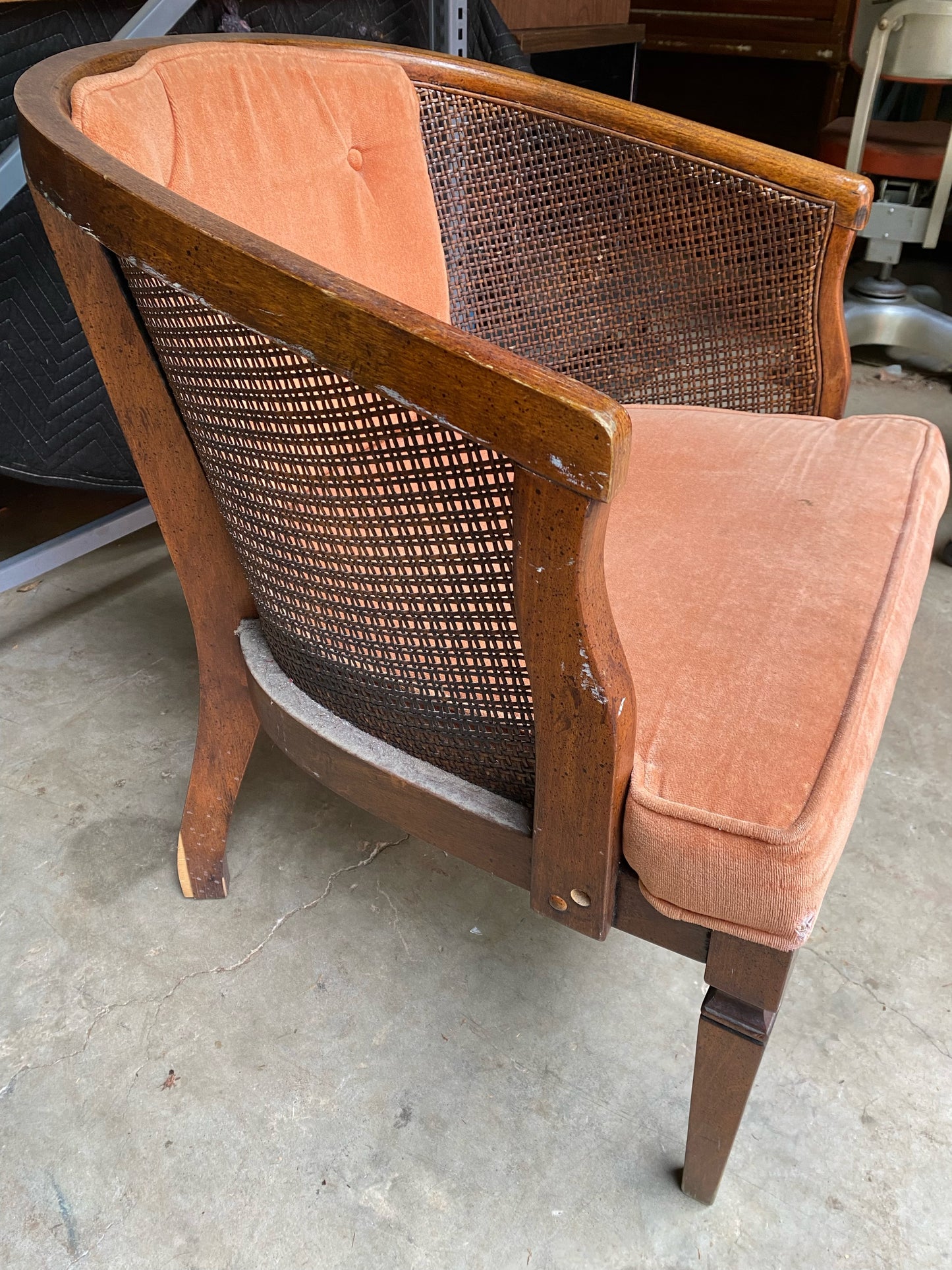 Vintage Dusty Rose Upholstered Cane Back Barrel Chair