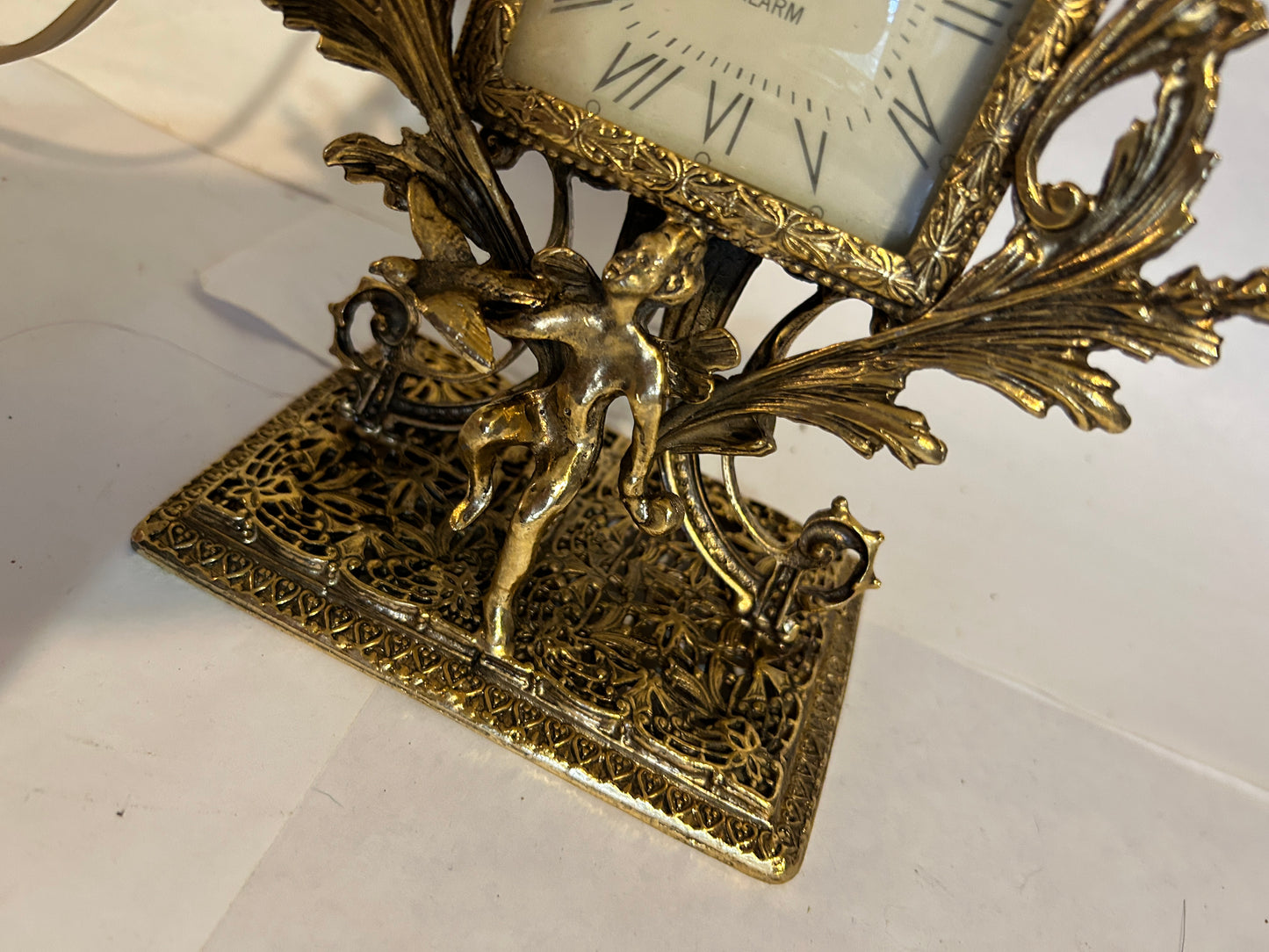 Vintage Rococo Style Cast Metal Gold Gilded Mantle Clock with Cherub Motif