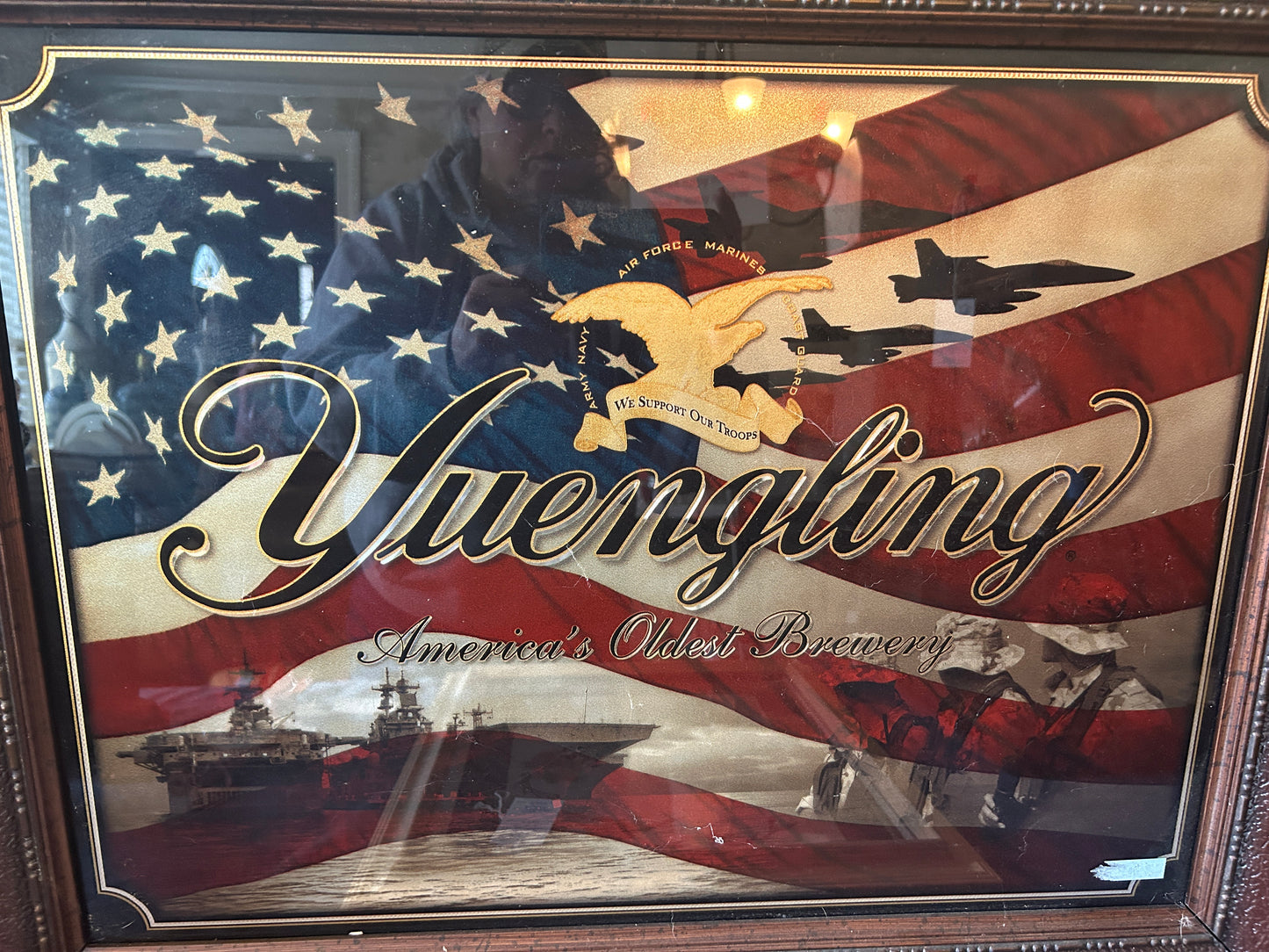 Yuengling Brewery Beer Bar Sign Framed America Flag "We Support Our Troops