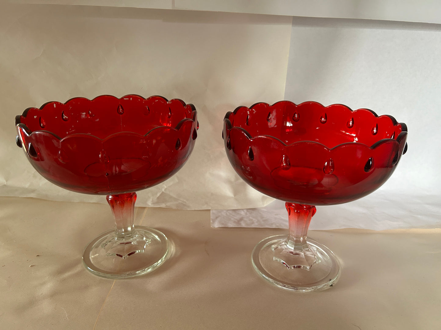 Pair of Vintage 1950s Pedestal Ruby Red Teardrop Indiana Glass Bowls
