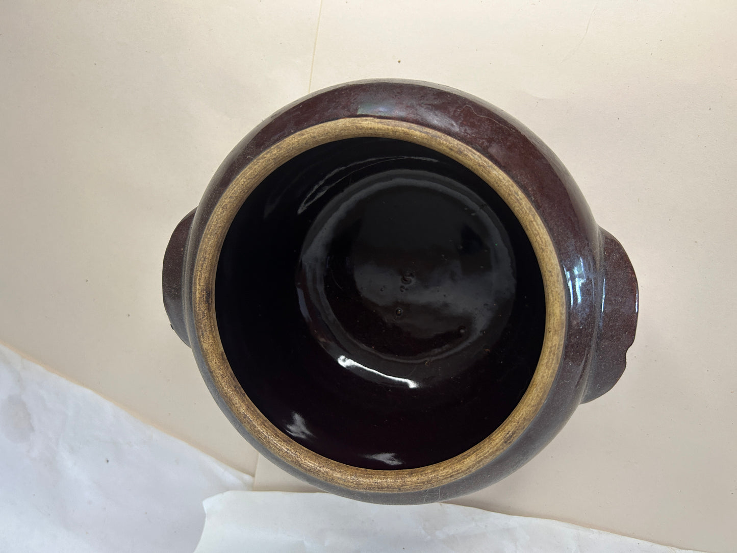 Antique c. 1920s Deep Brown Stoneware Glazed Artisan Beanpot
