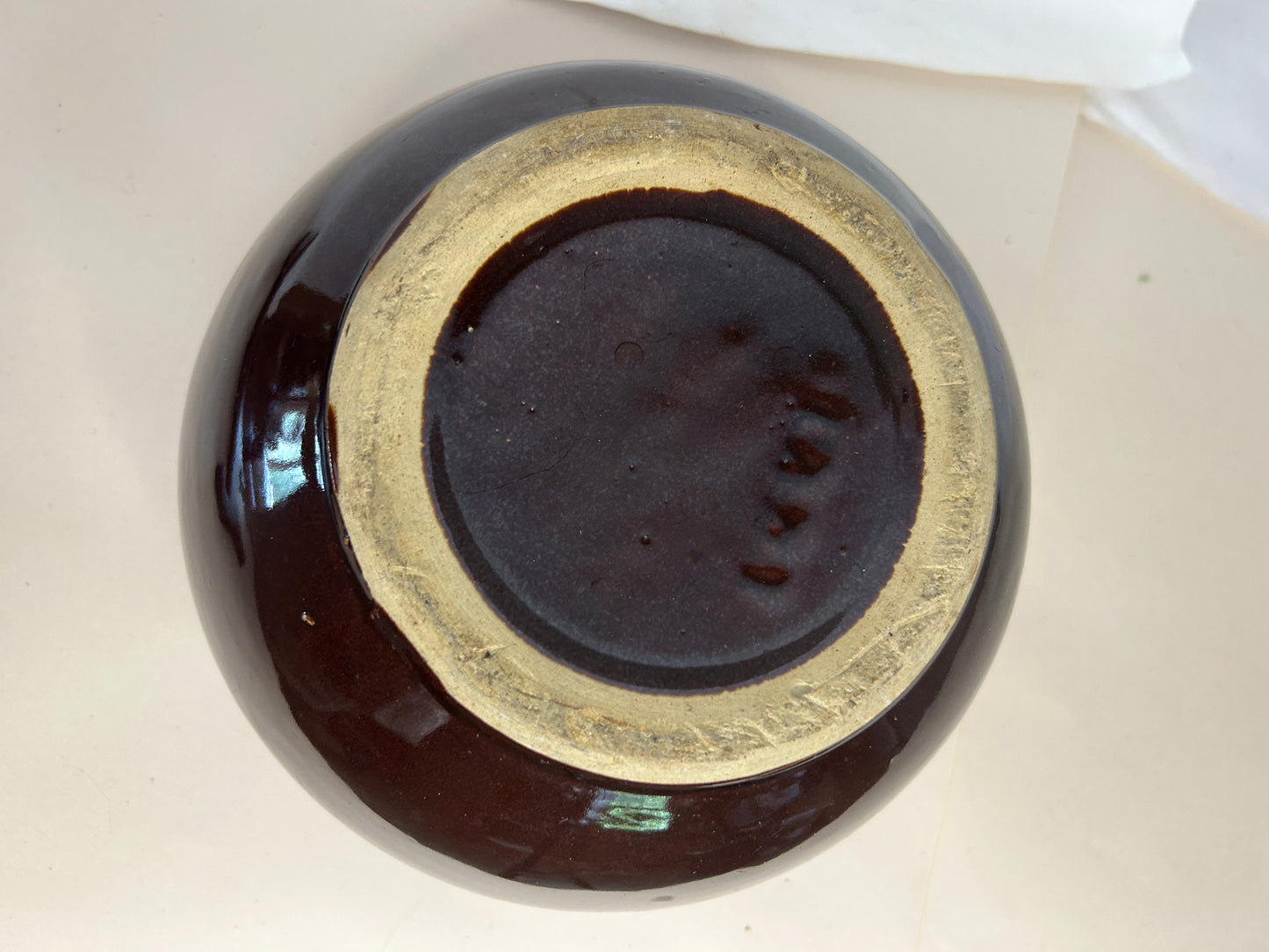 Antique c. 1920s Deep Brown Stoneware Glazed Artisan Beanpot