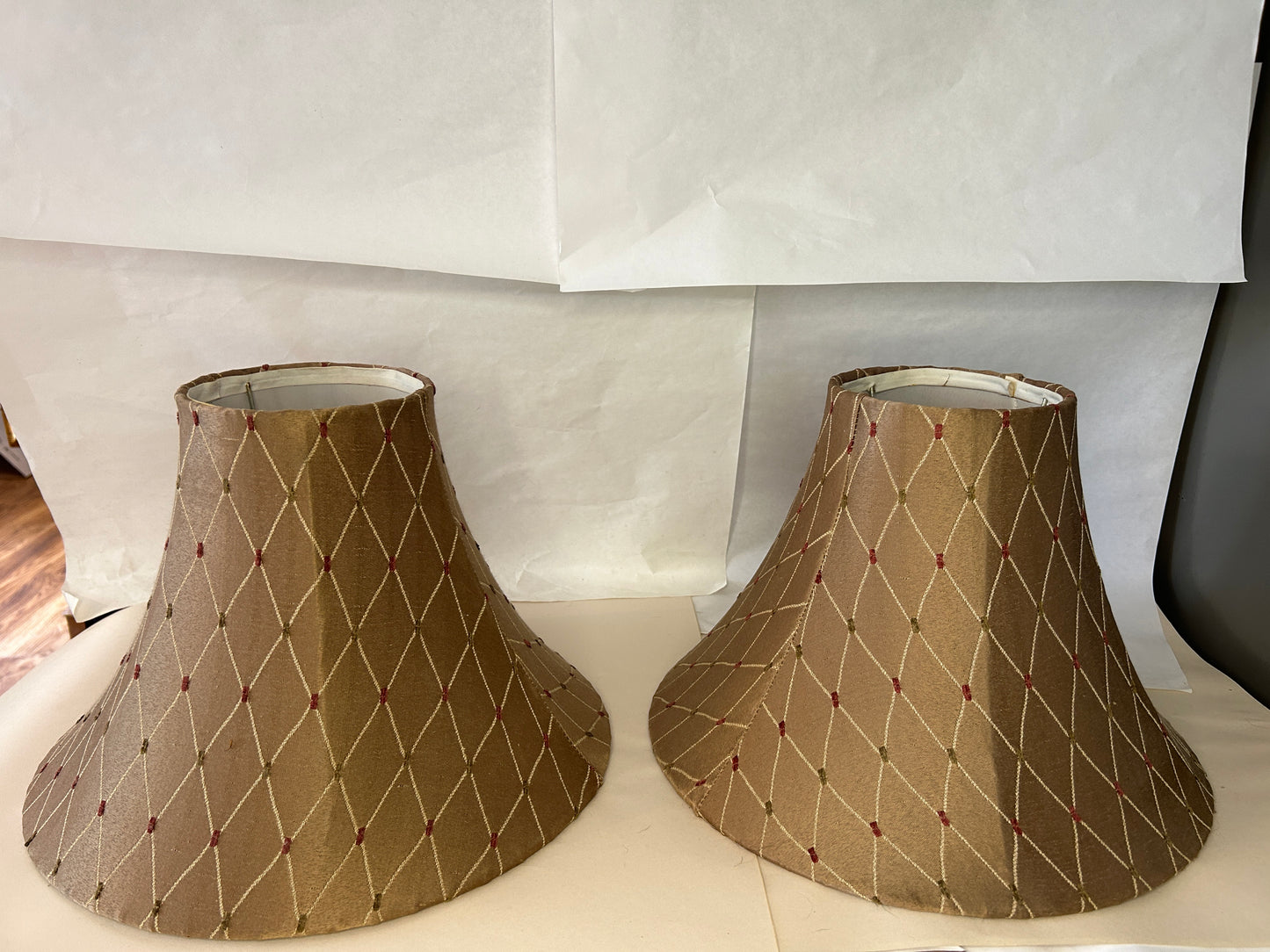 Vintage Pair of Bell Shaped 6 Panel Brown Fabric & Lined Lamp Shades