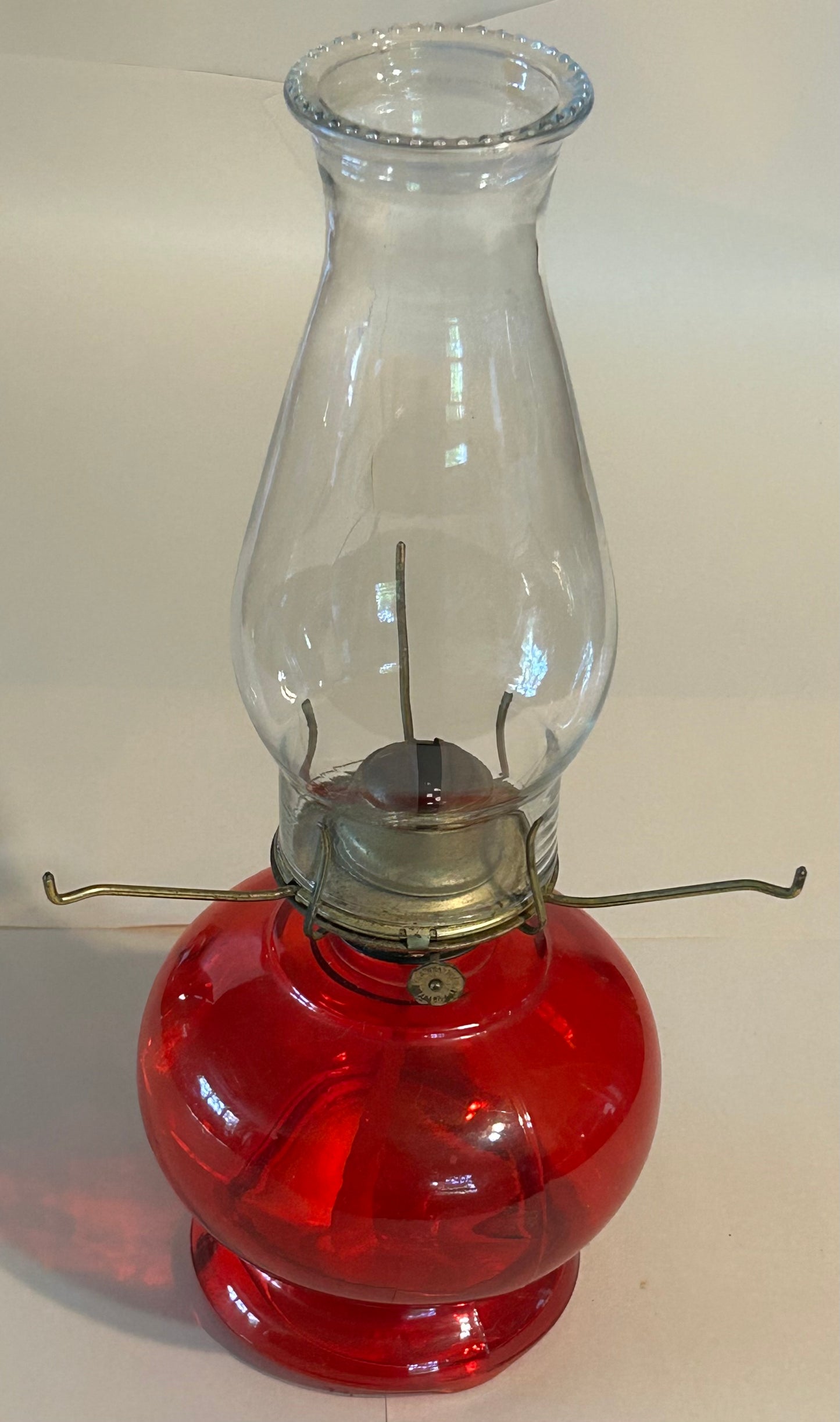 Vintage Antique Oil Lamp 14.5” High Red Glass Base & Clear Glass Globe