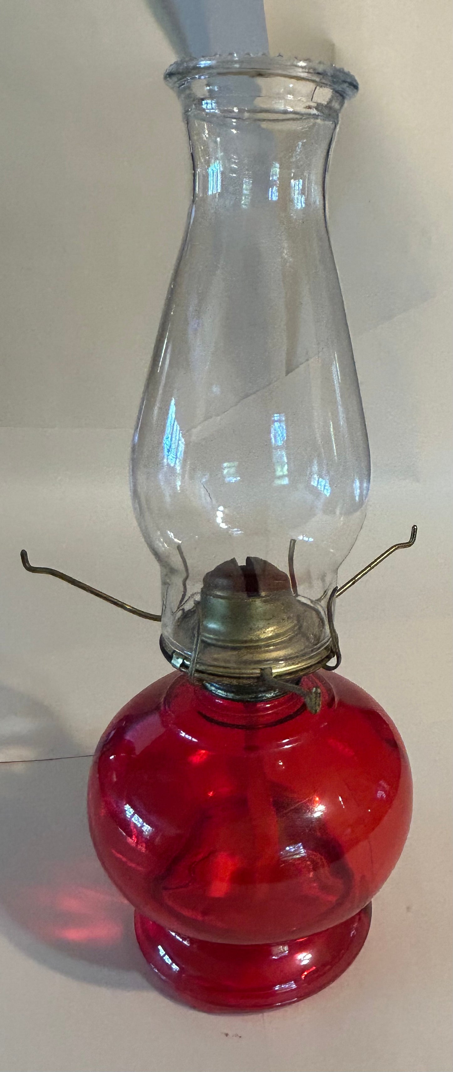 Vintage Antique Oil Lamp 14.5” High Red Glass Base & Clear Glass Globe