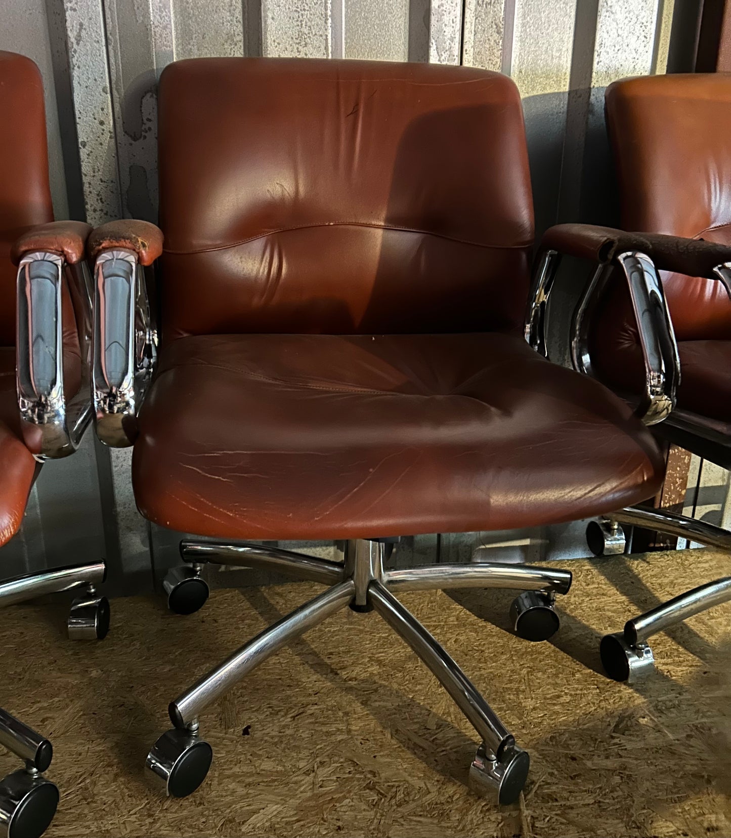 Vintage Mid-Century Modern Pair of Two Steel Case Leather Office Chairs