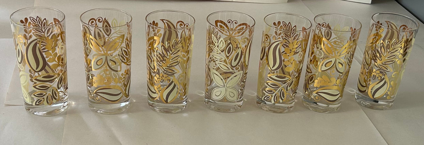 Vintage Mid-Century Modern 1970s Gold Butterfly and Foliage Drinking Set of 7 Glasses