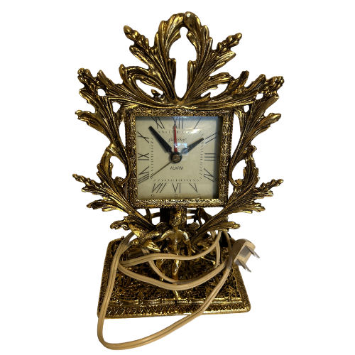 Vintage Rococo Style Cast Metal Gold Gilded Mantle Clock with Cherub Motif