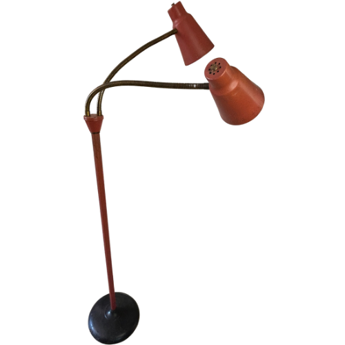 Vintage 1950s Persimmon Brass Gooseneck Floor Lamp with Two Cones