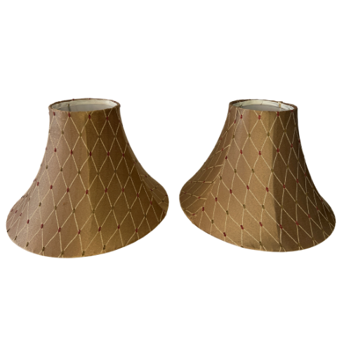Vintage Pair of Bell Shaped 6 Panel Brown Fabric & Lined Lamp Shades