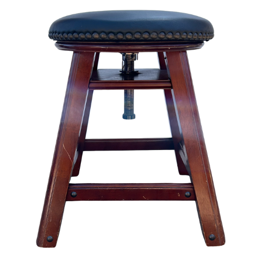 Vintage Wooden with Black Leather, Wooden Adjustable Piano Stool 16" with Steel Coil Spring