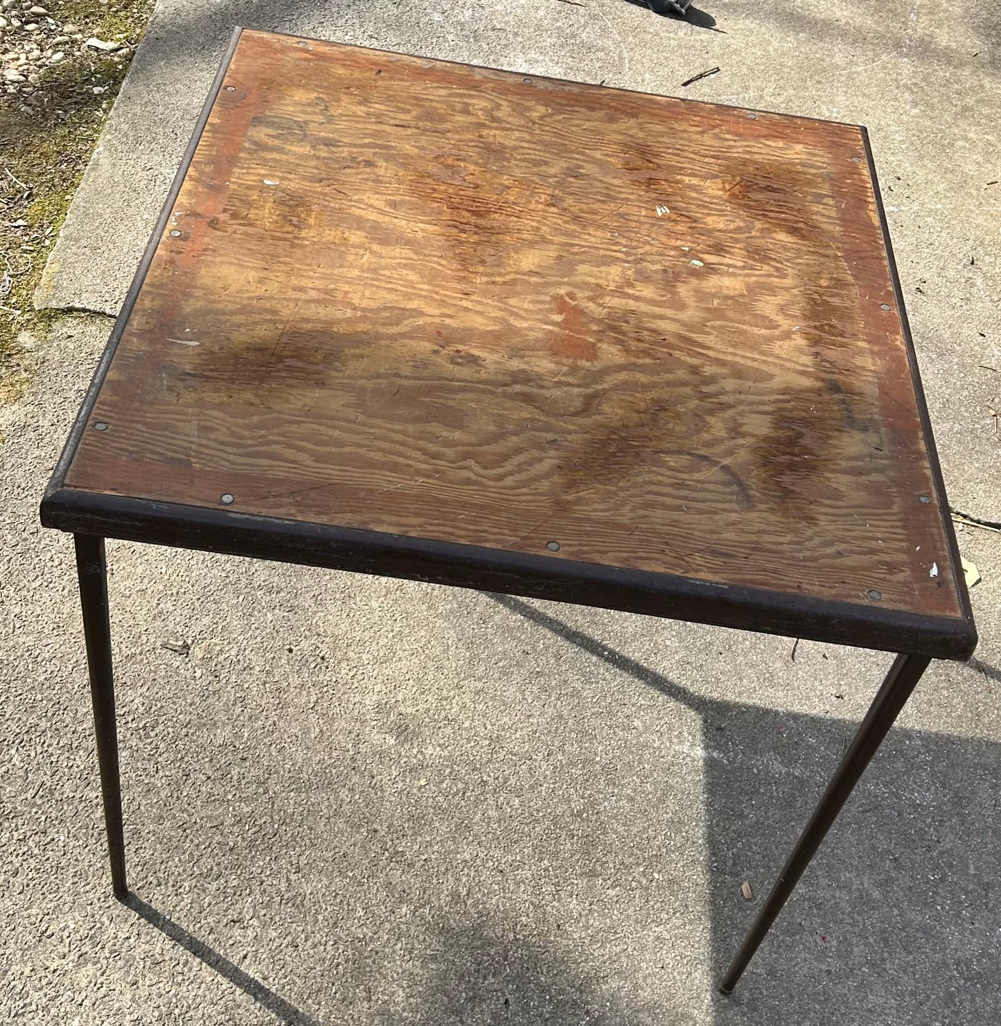 Vintage Lyon Steel Art Brown Wood Top Folding Table with Steel Legs