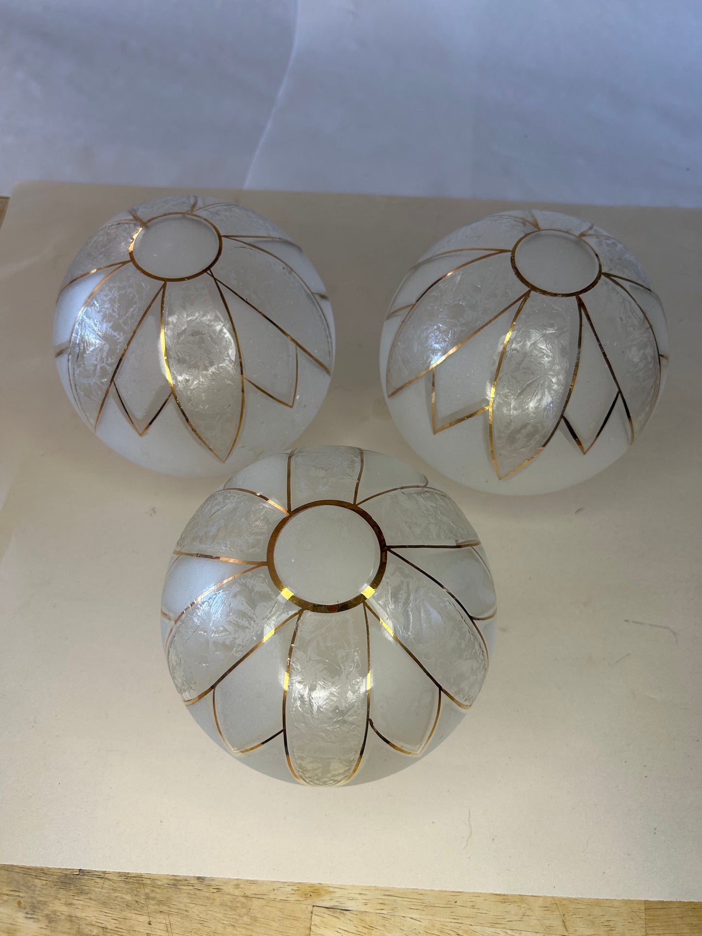 Vintage Set of 3 Mid-Century Modern Gold Leaf Round Globe Light Fixtures