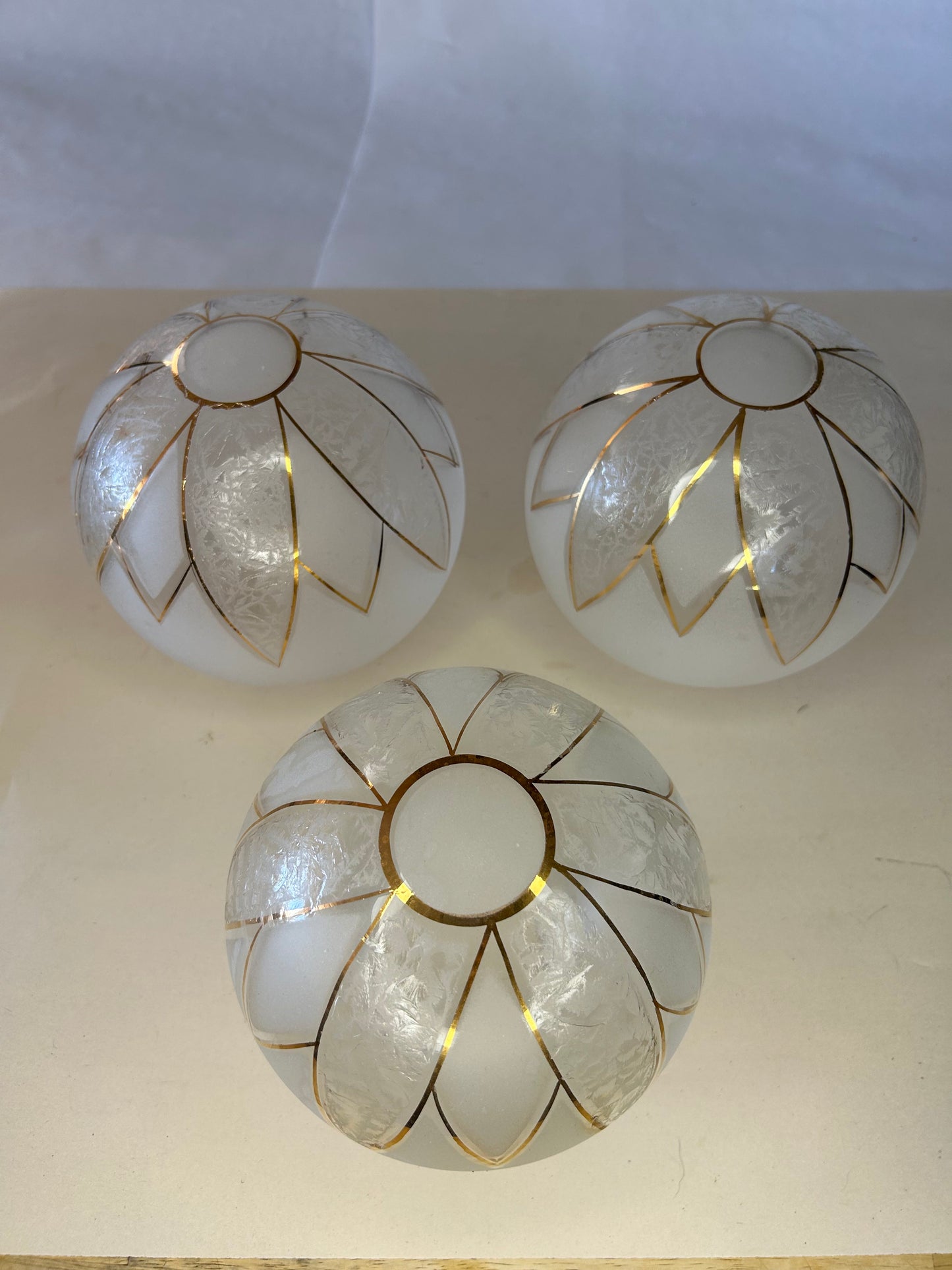 Vintage Set of 3 Mid-Century Modern Gold Leaf Round Globe Light Fixtures