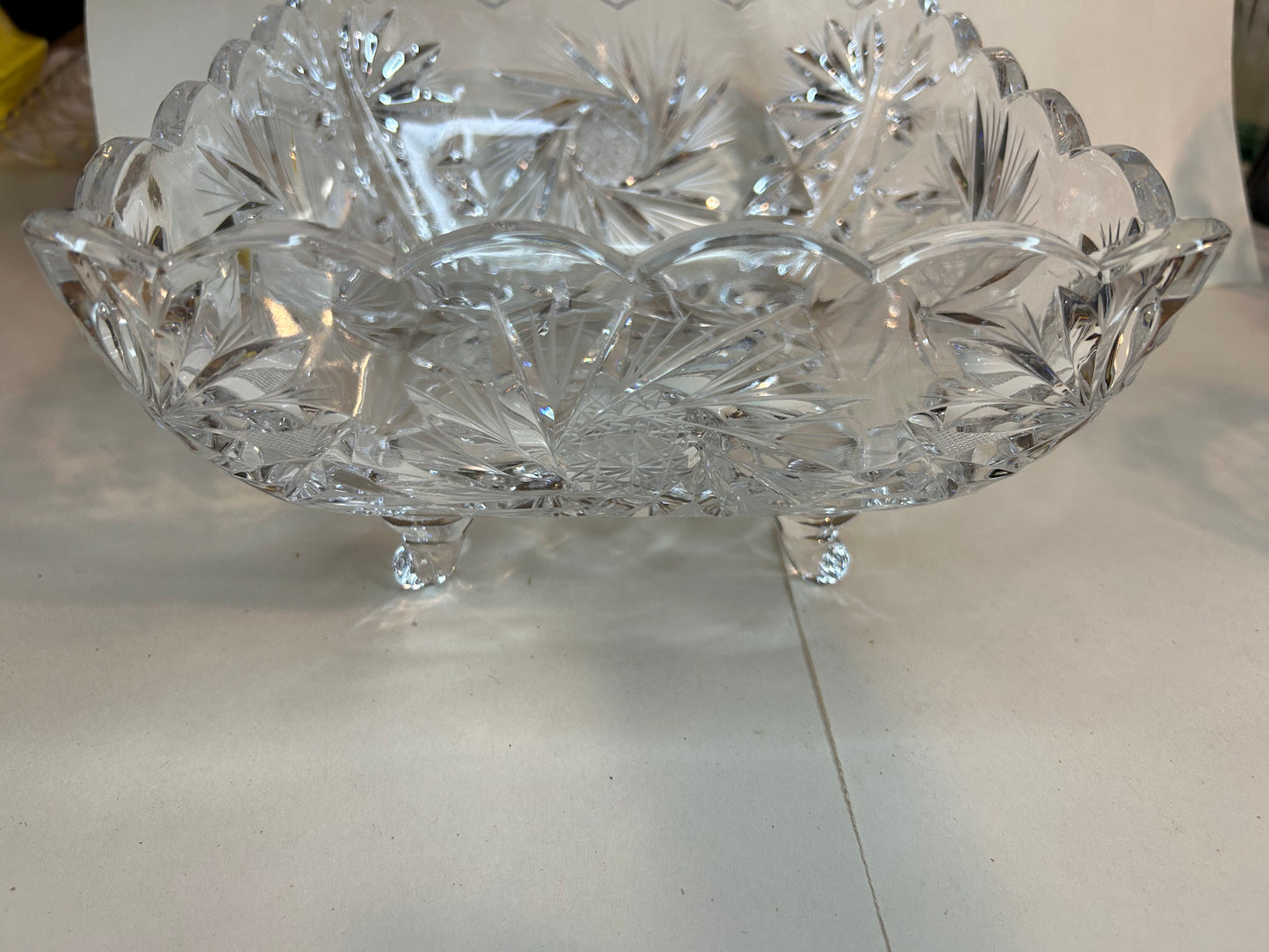 Vintage 1970s Square Crystal Footed BOHEMIAN CZECH Cut Glass Bowl Pinwheels Scalloped Stars