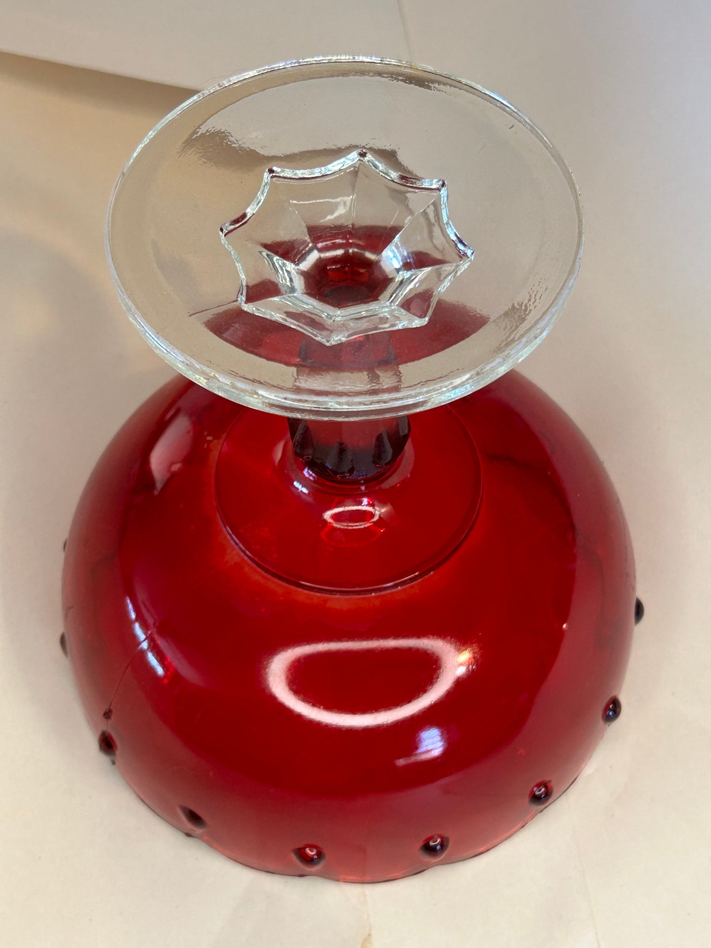 Vintage 1950s Pedestal Ruby Red Teardrop Glass Bowl