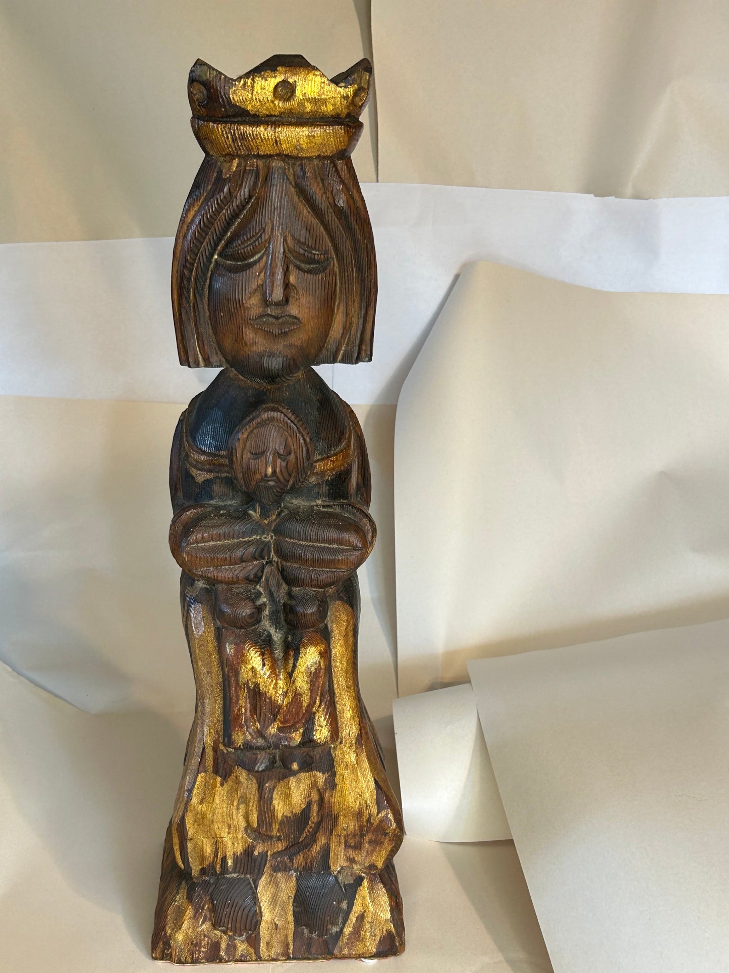 Dark Wood Sculpture of the Madonna and Child Hand-Carved from Spain