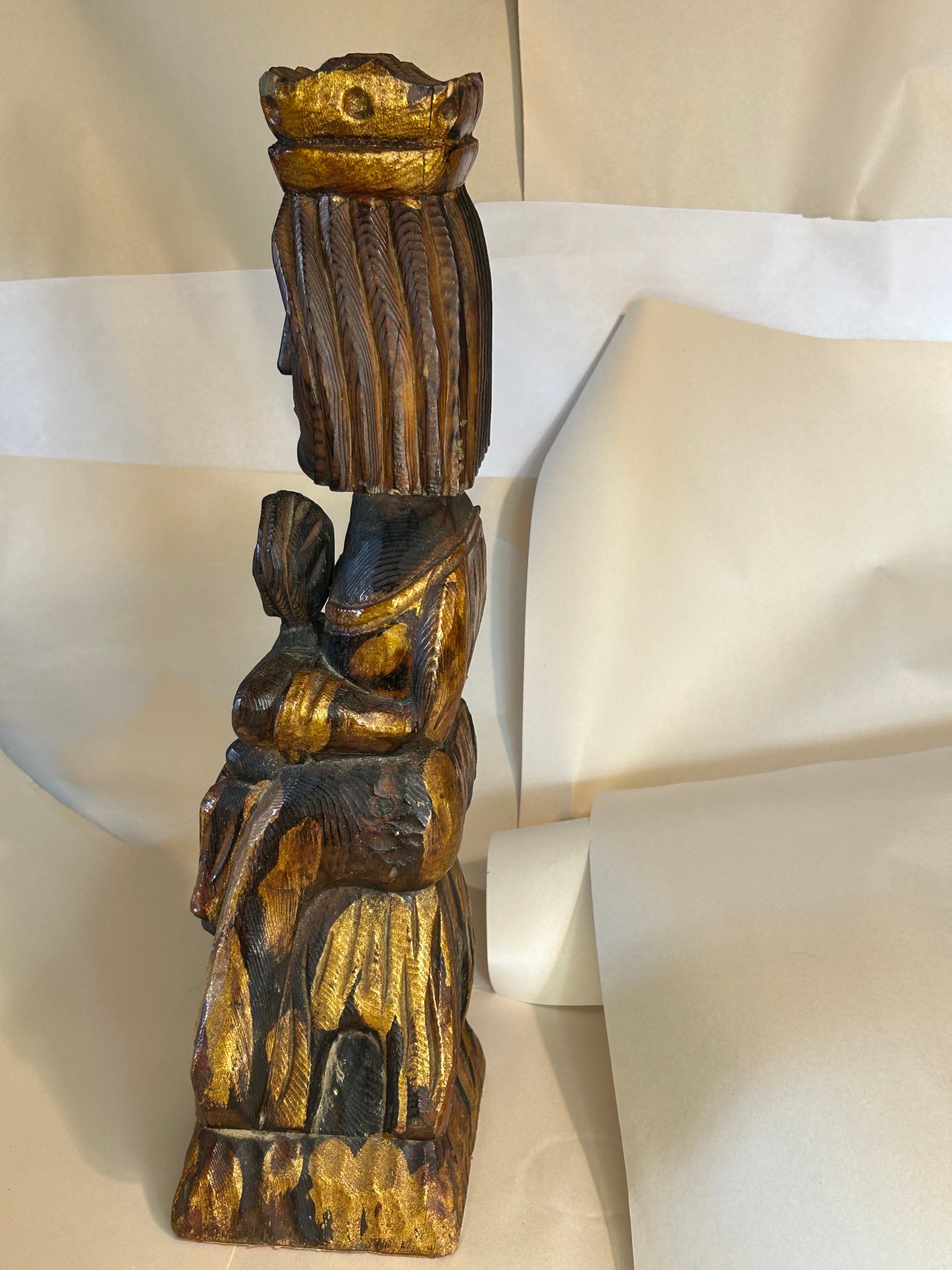 Dark Wood Sculpture of the Madonna and Child Hand-Carved from Spain