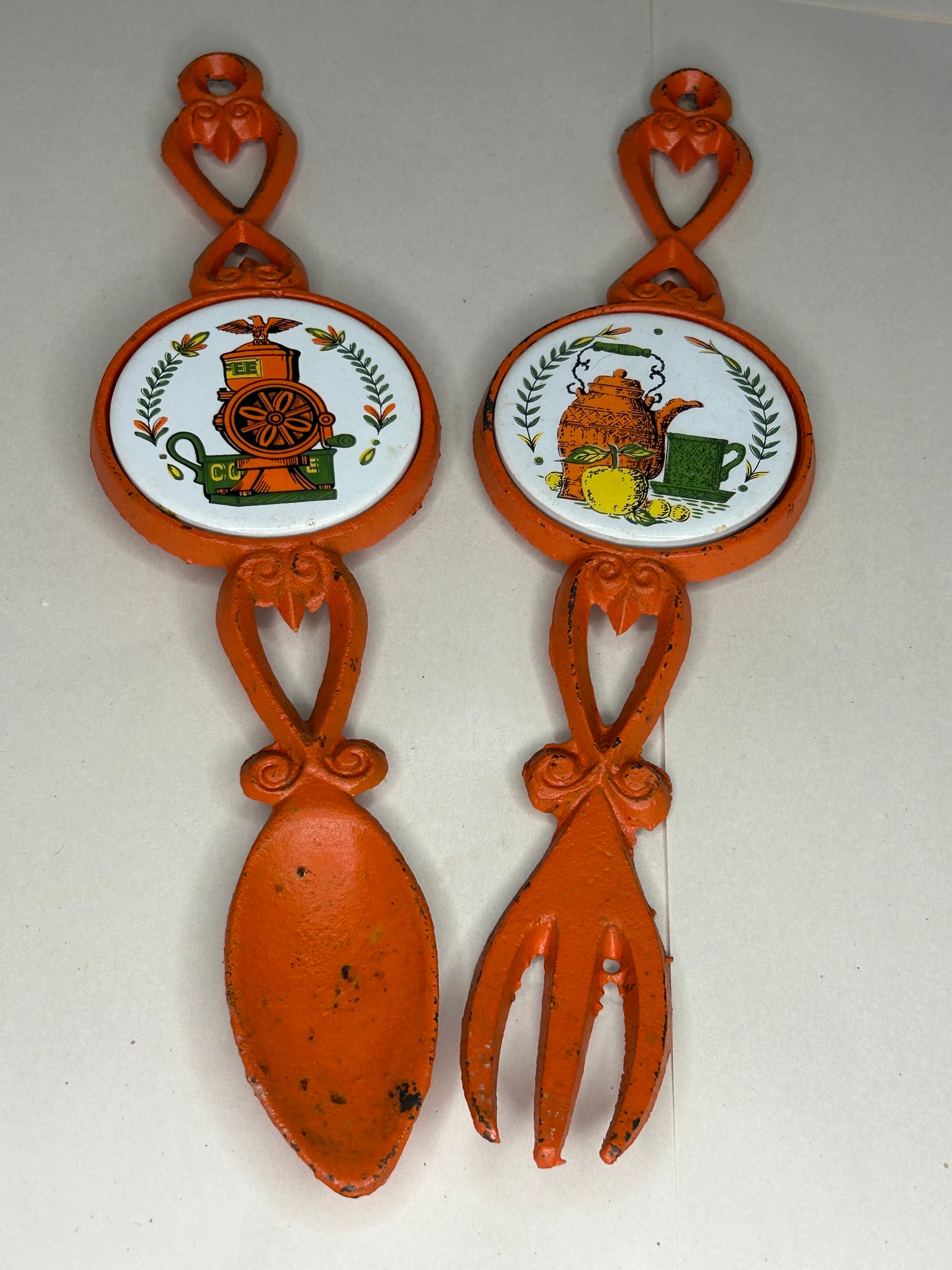 Vintage V.G. Cast Iron Orange Fork & Spoon, Porcelain Center Made in Japan