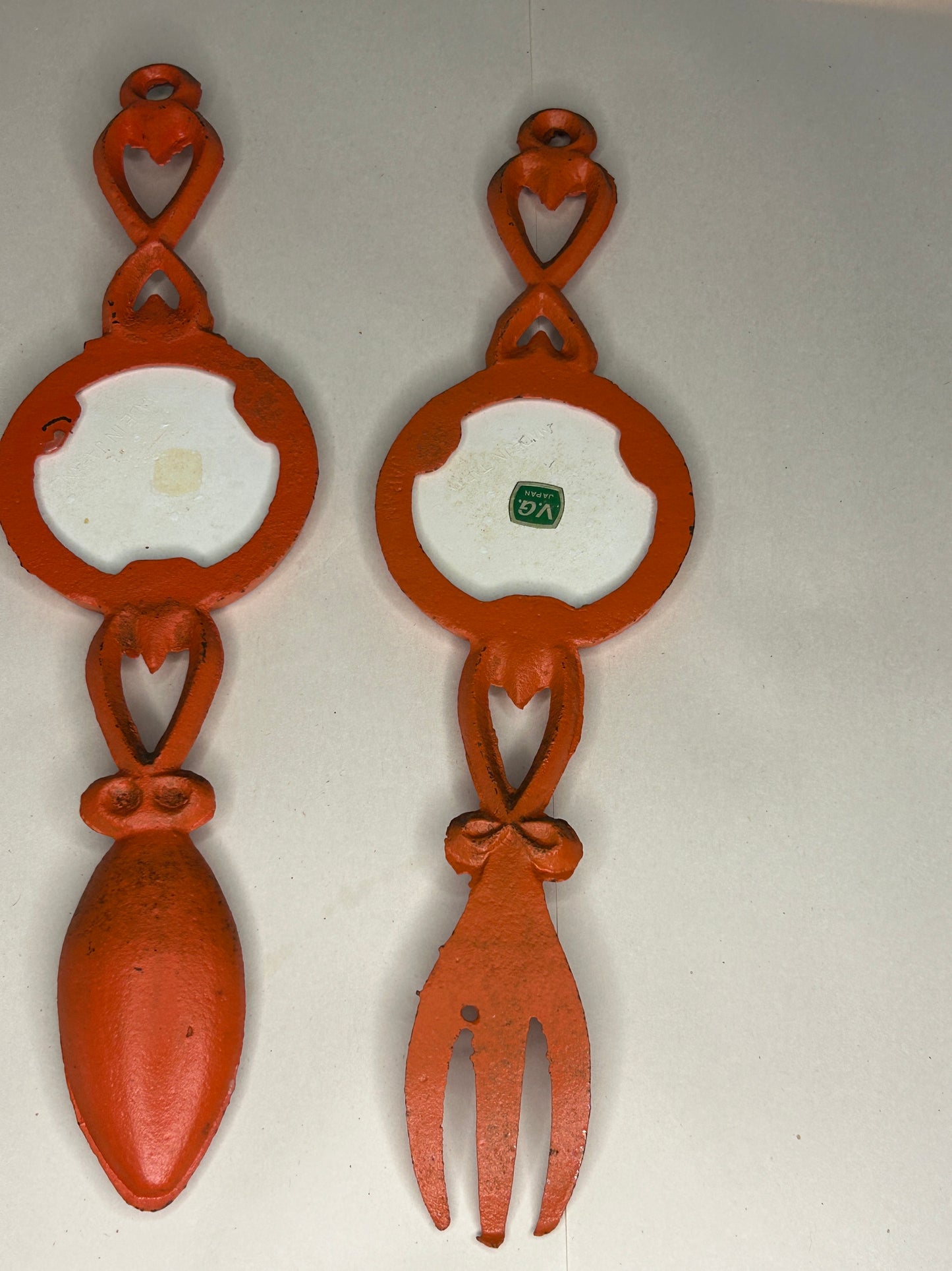 Vintage V.G. Cast Iron Orange Fork & Spoon, Porcelain Center Made in Japan