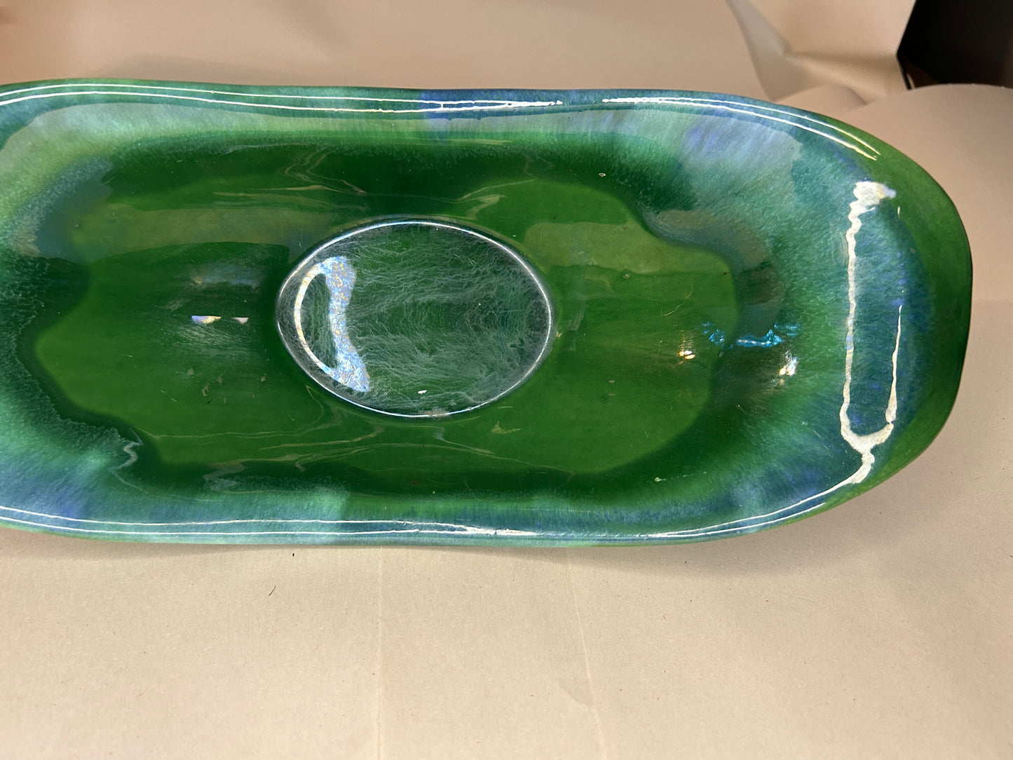 Vintage 1960s Royal Haeger Numbered Green Blue Drip Glaze Console Dish