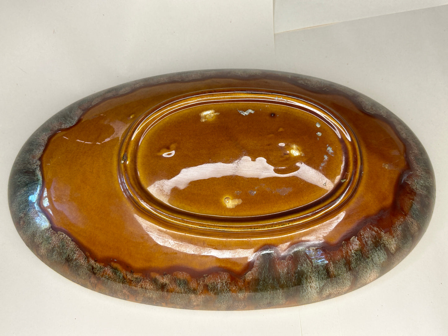 Vintage 1970s Brown Ceramic, Glaze Pottery With Oblong Design Serving Bowl/ Dish