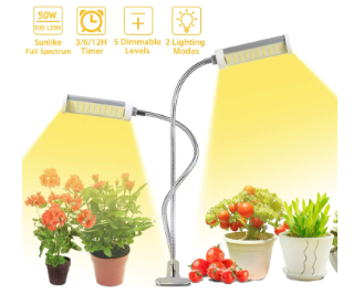 NIB LED Plant Growth Light, 50W Indoor Full Spectrum, Dual Head Gooseneck, Double Switch Indoor Grow Light