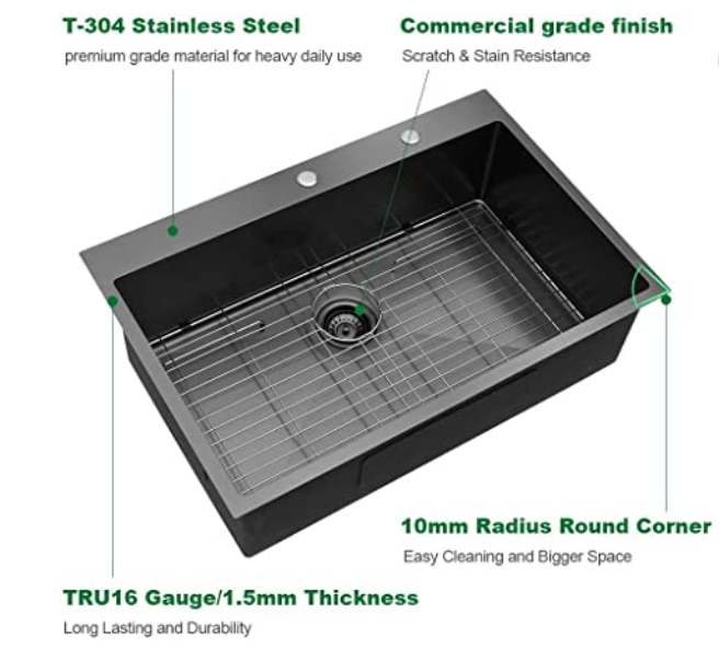 NIB 30 Inch Gunmetal Drop in Kitchen Sink—Sarlai 30x22 inch 16 Gauge Stainless Steel Top Mount Single Bowl Drop in Kitchen Sink