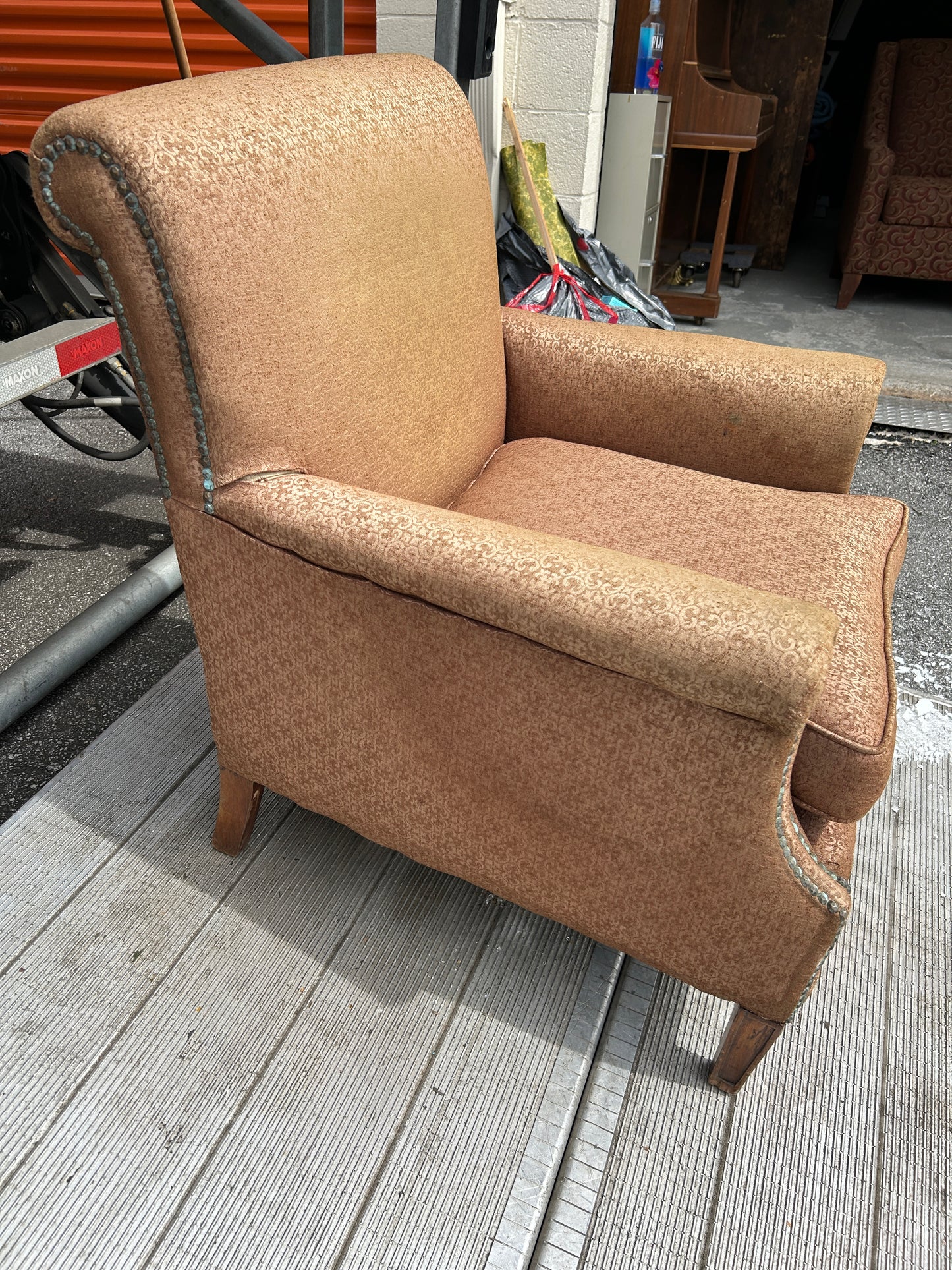 Mid-Century Modern Golden Wooden Based Chair with Metal Embellishments